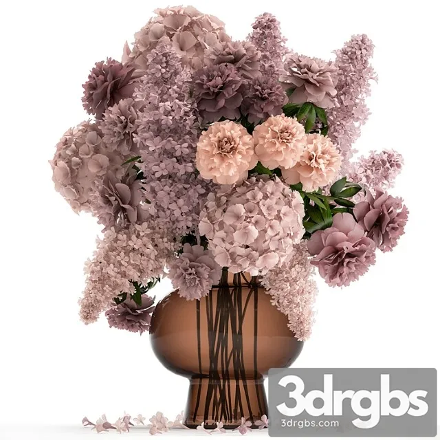 A lush bouquet of spring flowers in a glass vase with hydrangeas, lilacs, peonies. 144._1