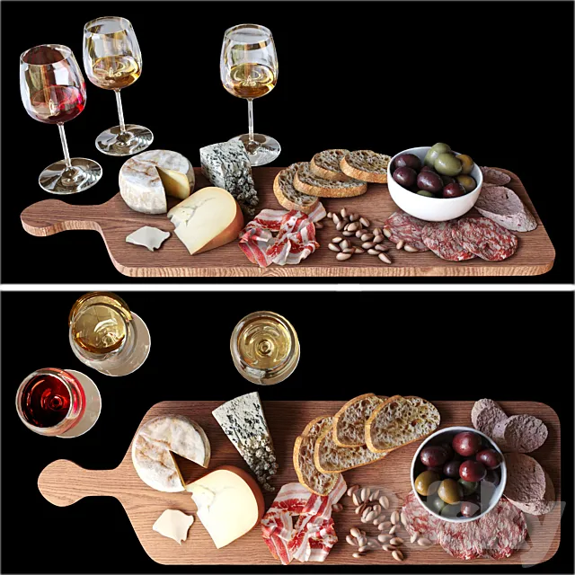 A meat plate with pieces of blue cheese and a glass of red wine. Alcohol 2 3ds Max