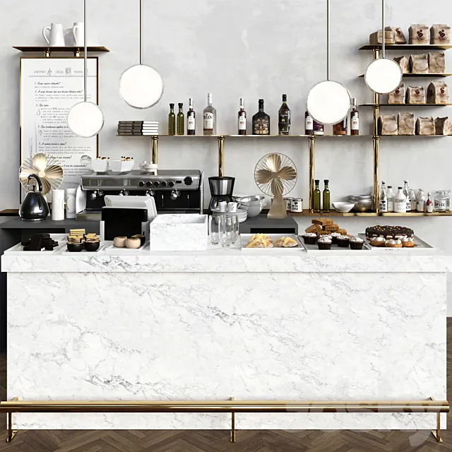 A modern cafe with a marble counter and desserts. Coffee house. cake 3DSMax File