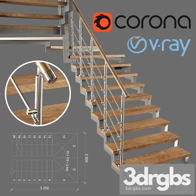 A modern two-march staircase with running steps 3dsmax Download