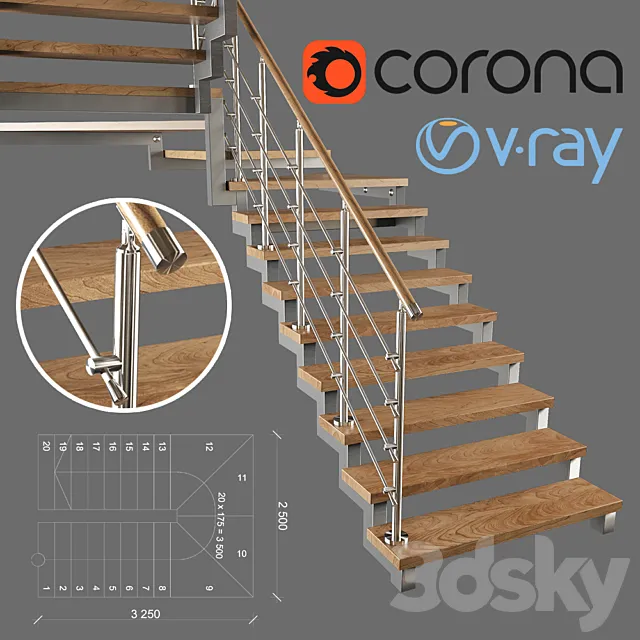 A modern two-march staircase with running steps 3DS Max Model