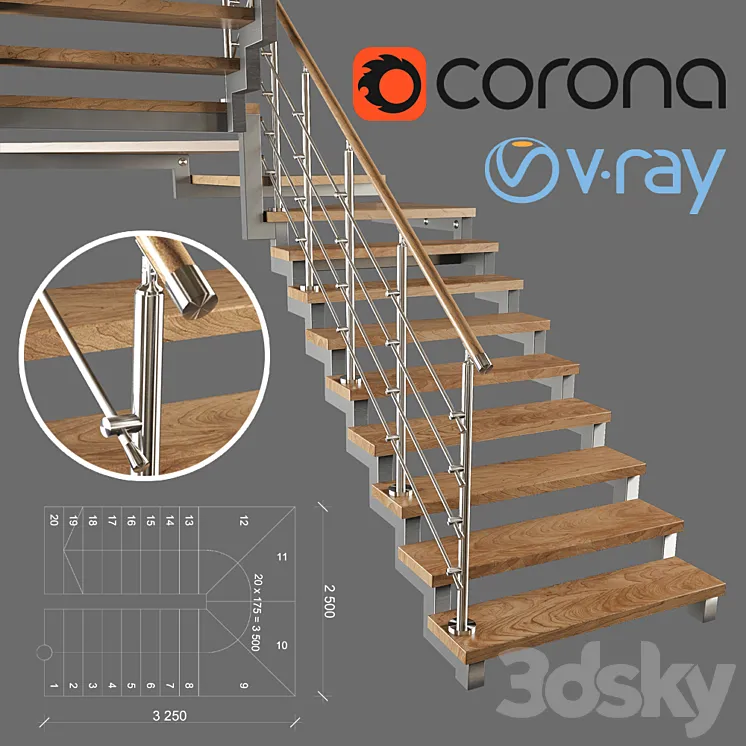 A modern two-march staircase with running steps 3DS Max