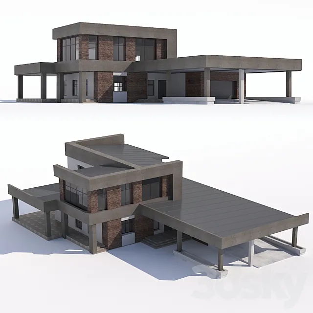 A modern two-storey house with an attached garage and a canopy. 3DS Max Model