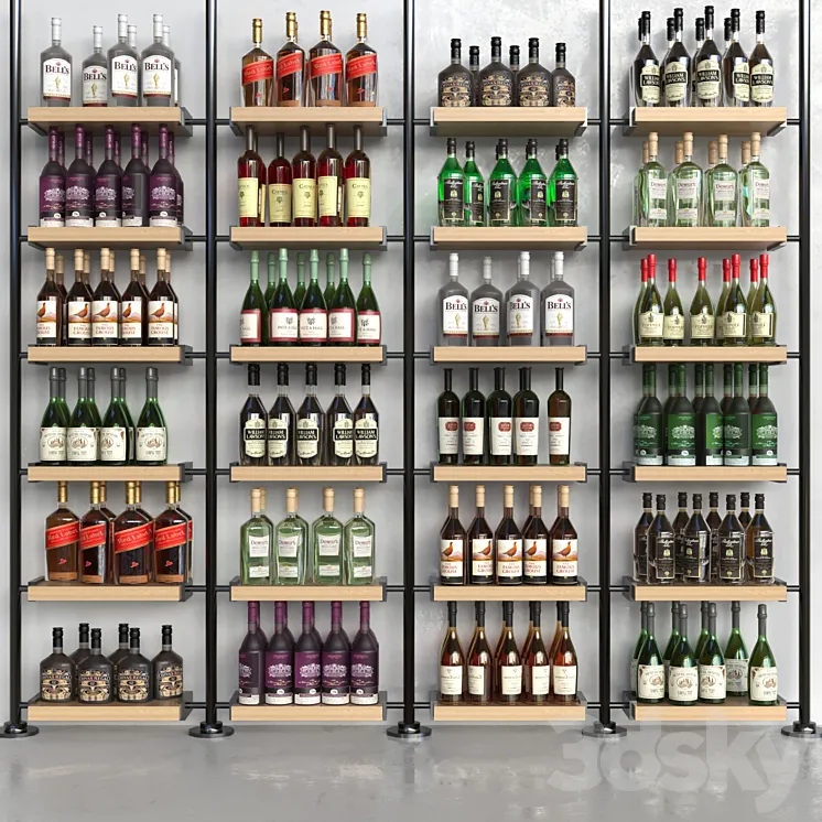 A rack with collection alcohol in a supermarket. Alcohol 3DS Max
