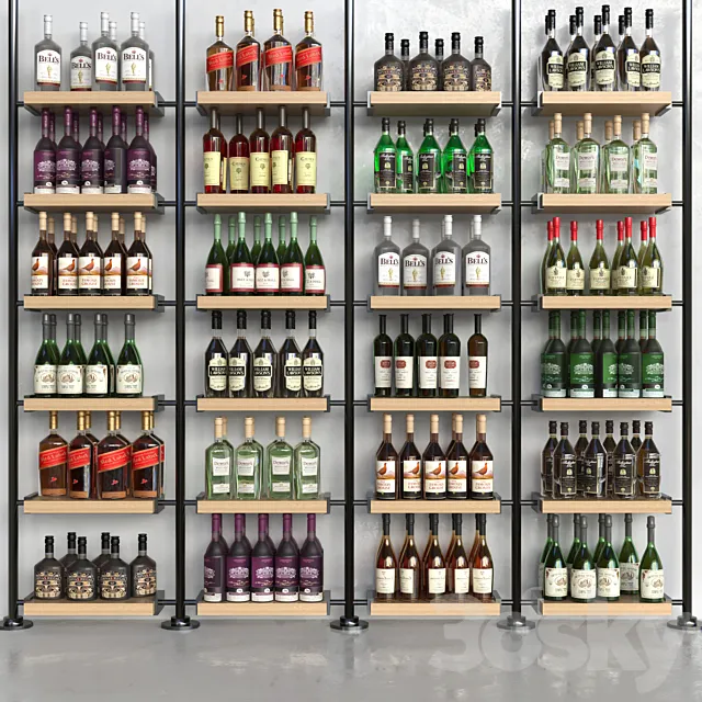 A rack with collection alcohol in a supermarket. Alcohol 3DSMax File