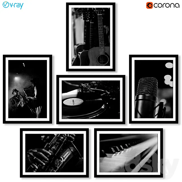 A series of black and white posters with musical instruments. 3DS Max Model