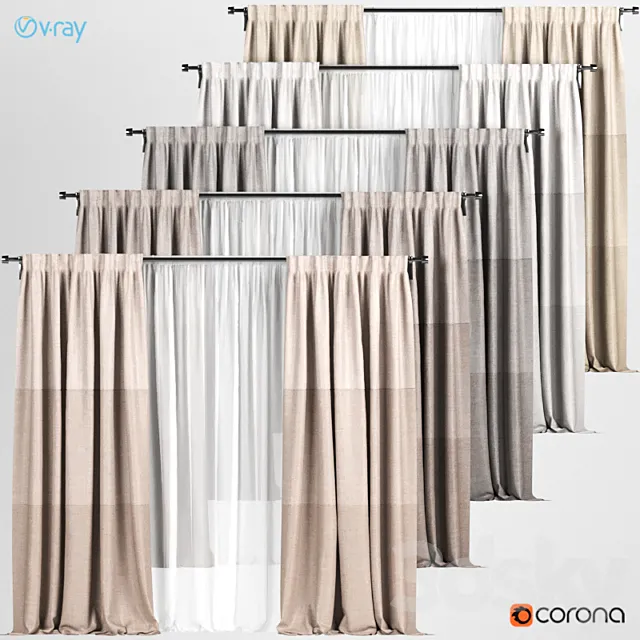 A series of curtains with white tulle in different colors. 3ds Max