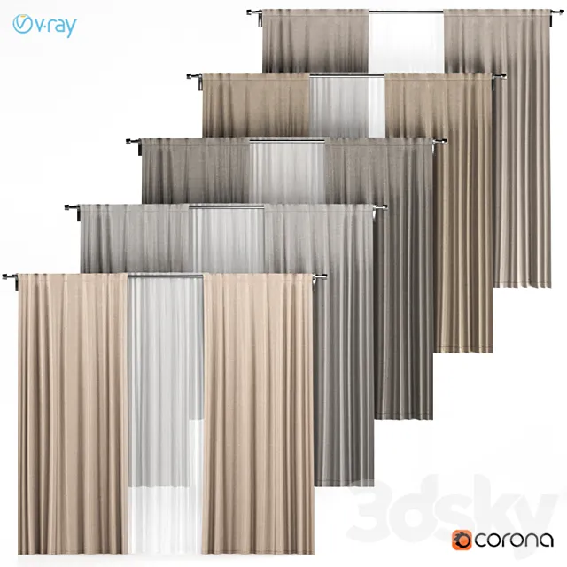 A series of five brown and gray curtains with white tulle. 3DS Max Model