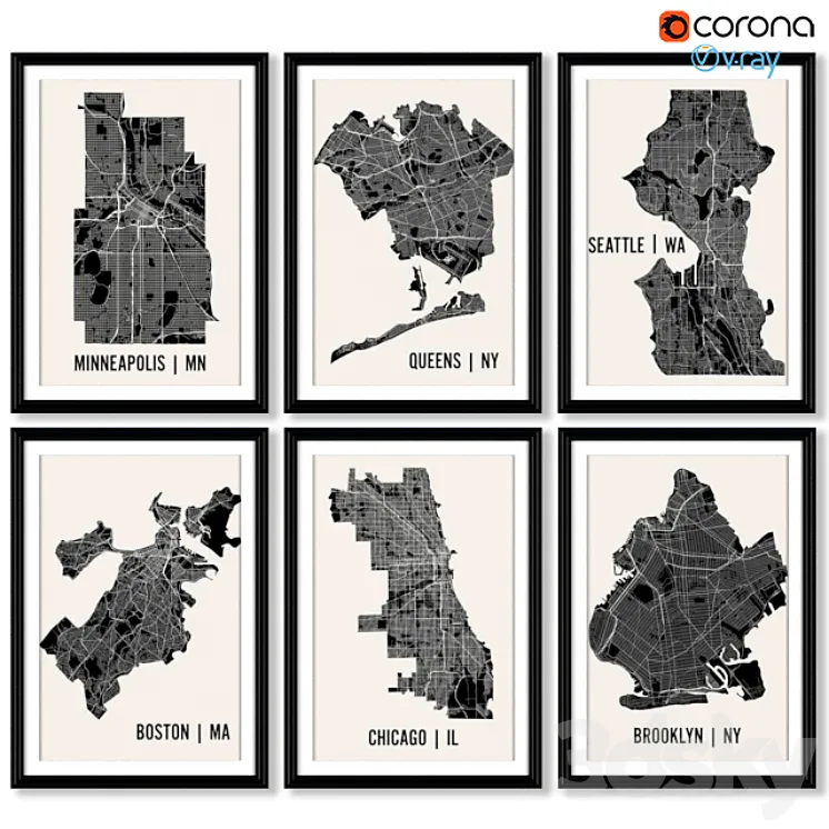 A series of posters with maps of cities and regions. 3DS Max