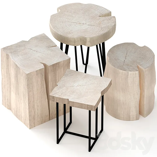A series of wooden tables made of slab and stumps 3ds Max