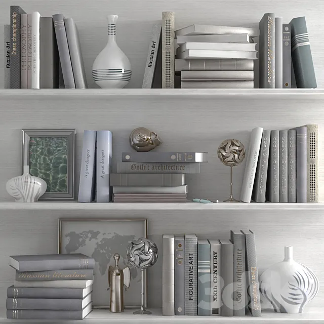 A set of books with a decor in bright tones on the shelves 3DSMax File