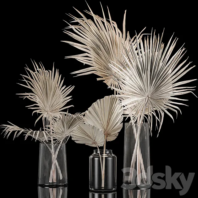 A set of bouquets in glass vases made of dry branches of palm leaves dried flower. 249. 3ds Max