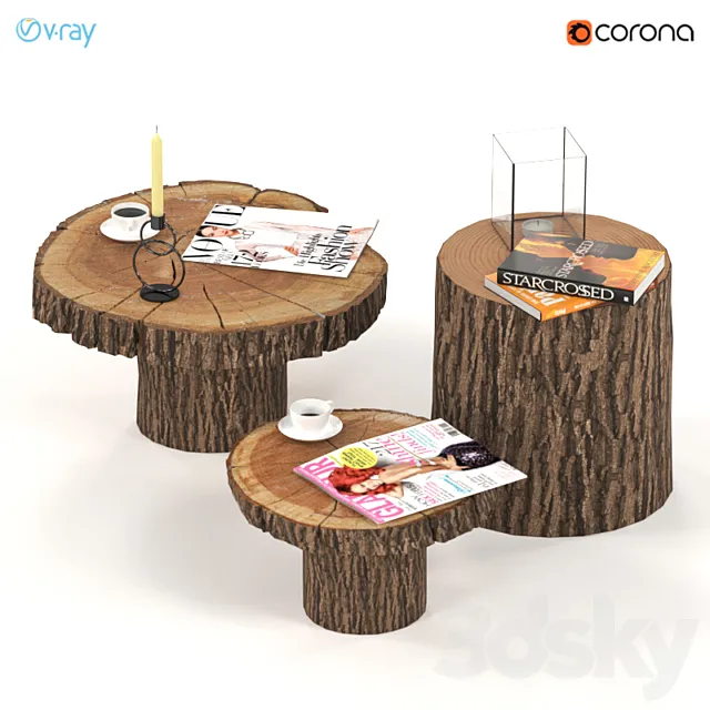 A set of coffee tables from slabs and stumps. 3ds Max