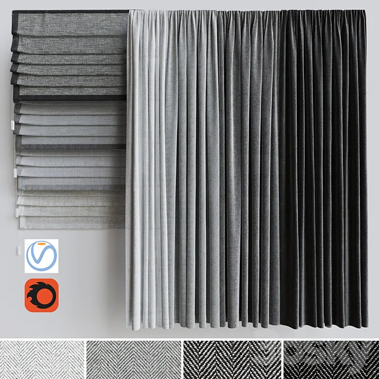 A set of curtains + a set of Roman curtains 1. Gray scale 3DS Max