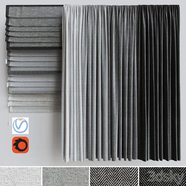 A set of curtains + a set of Roman curtains 1. Gray scale 3dsMax Model