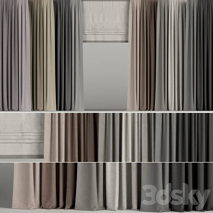 A set of curtains in different colors with a roman curtain. 3DS Max