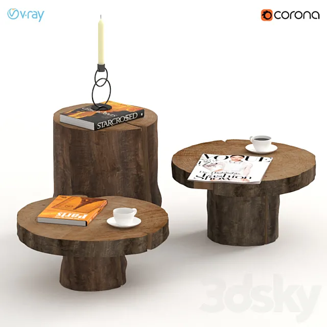 A set of dark tables of stumps and slabs. 3ds Max
