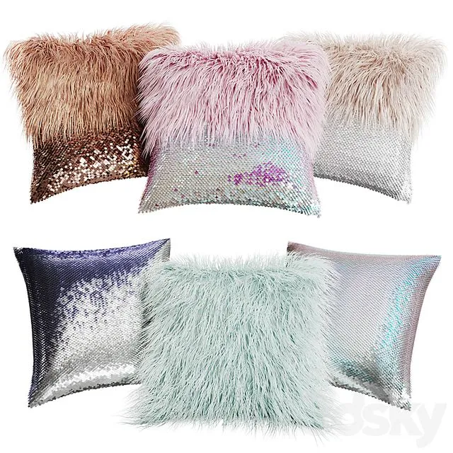 A Set of Decorative Pillows with Fur and Sequins 3dsMax Model