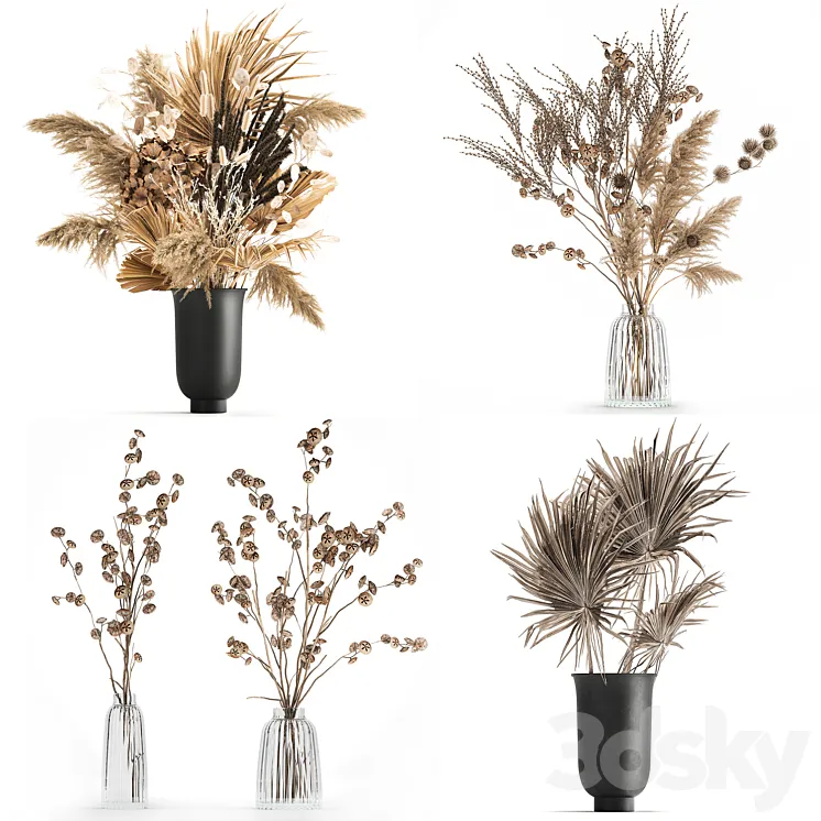 A set of flower bouquets in vases of dried flowers palm branch pampas grass reed grass hydrangea thorns. 283 3DS Max Model