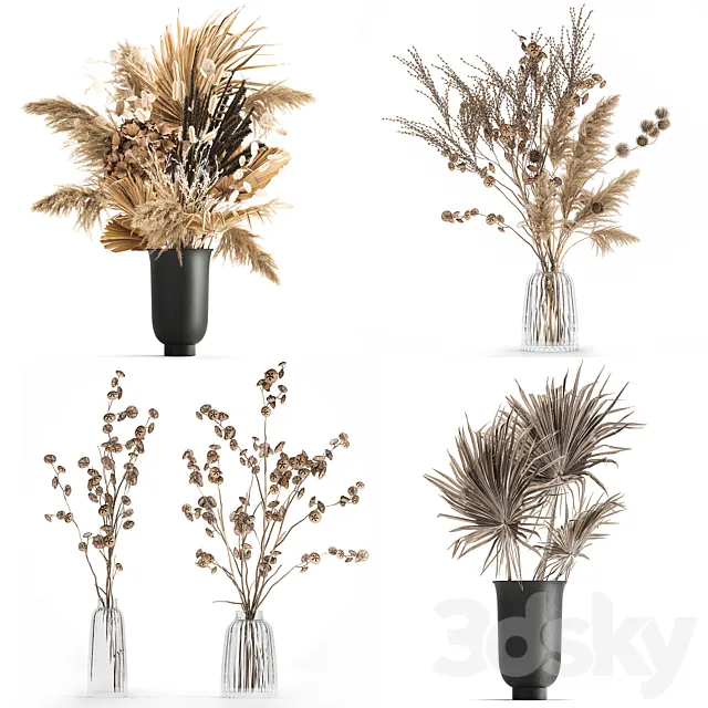 A set of flower bouquets in vases of dried flowers palm branch pampas grass reed grass hydrangea thorns. 283 3dsMax Model