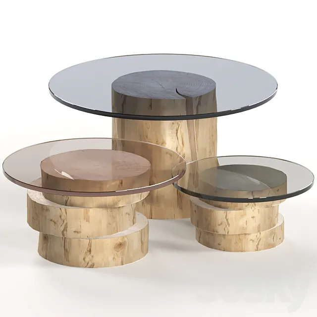 A set of light tables from stumps and slabs with glass tops. 3ds Max
