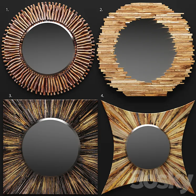 A set of mirrors tree. round wooden eco style design 3DS Max