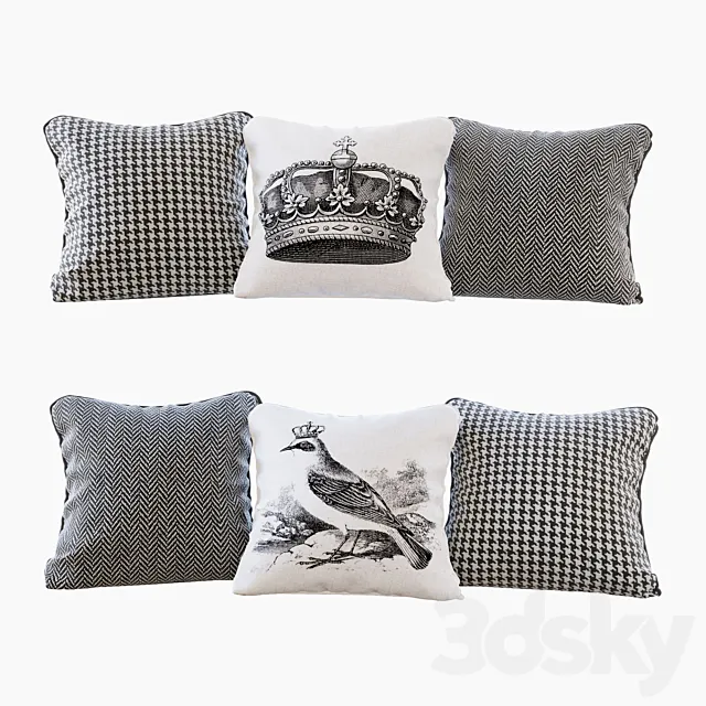 A set of pillows with prints: bird. crown. chevron and goose paw (Pillows bird crown chevron and houndstooth) 3DSMax File