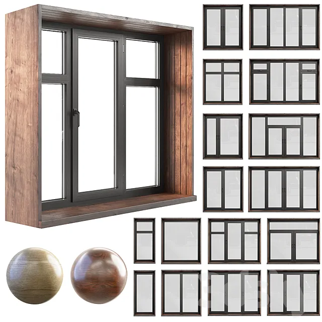 A set of plastic windows with wooden trim. 3DS Max Model