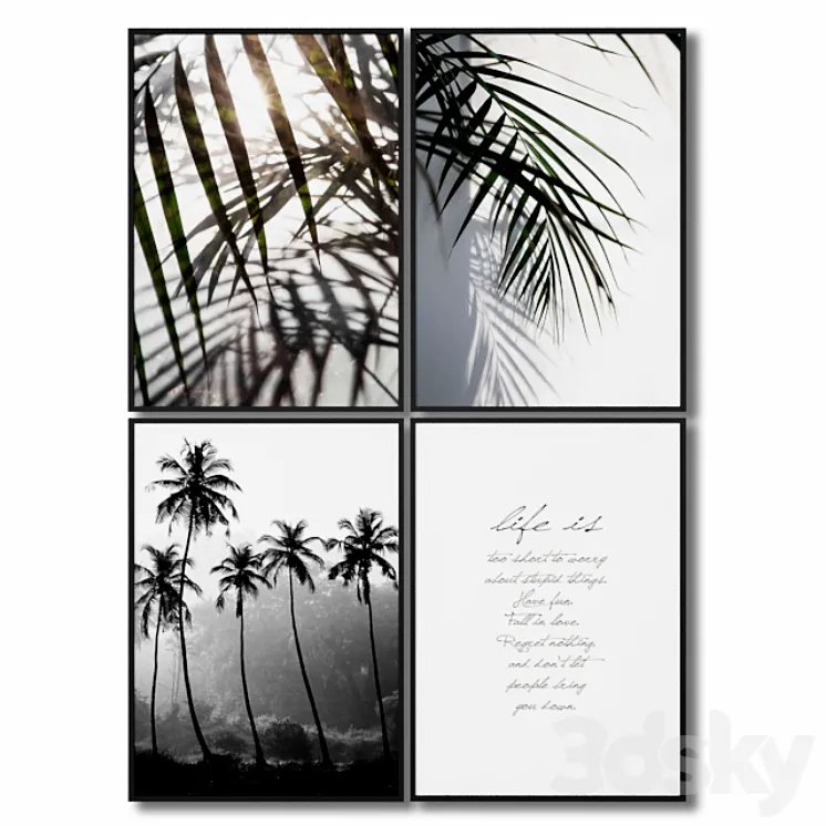 A set of posters with leaves and palm trees. 3DS Max