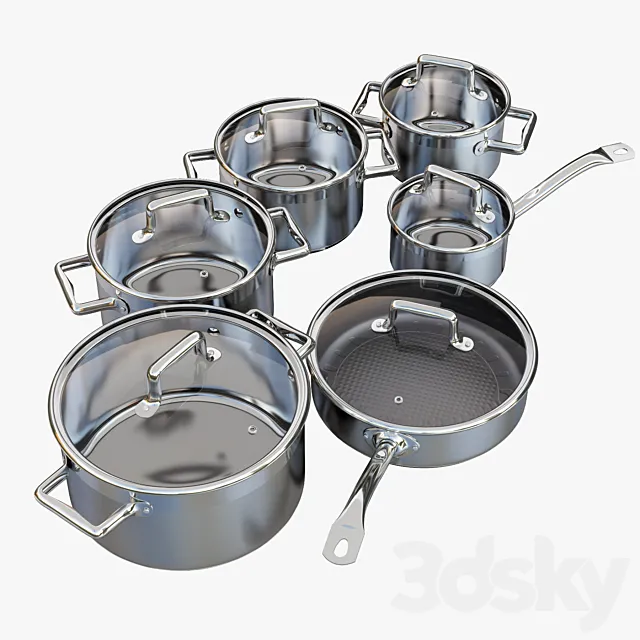 A set of stainless steel saucepans. Queen Ruby Company 3ds Max