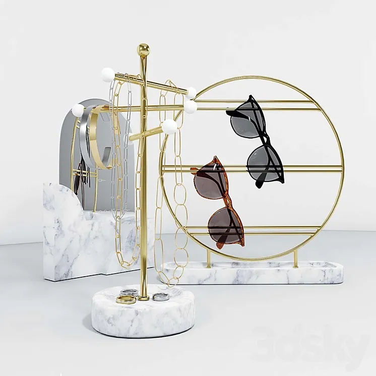 A set of stands for jewelry and glasses with a mirror. 3DS Max