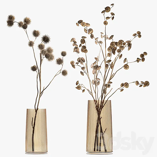 A set of two bouquets of dried flowers twigs thorns vase eucalyptus. 245. 3ds Max