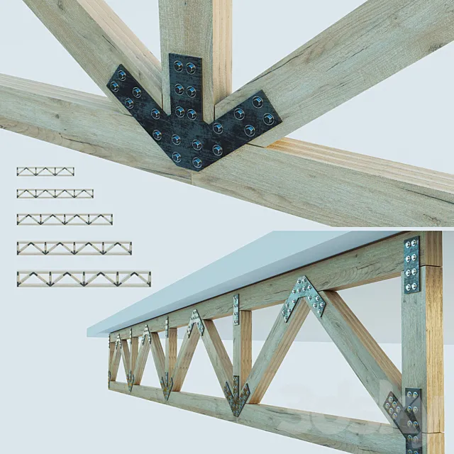 A set of wooden trusses with parallel belts. 6m. 8m. 10m. 12m. 14m 3DSMax File