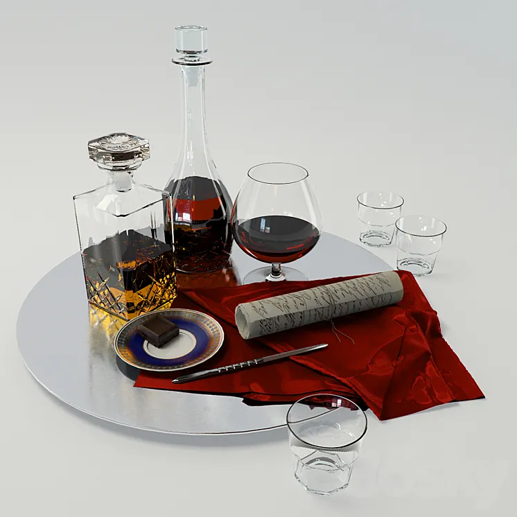 A set with a decanter of whiskey and brandy on a large platter – Set whiskey and cognac decanter on dish 3DS Max