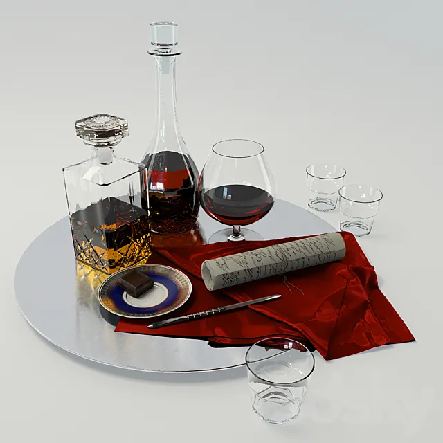 A set with a decanter of whiskey and brandy on a large platter – Set whiskey and cognac decanter on dish 3dsMax Model