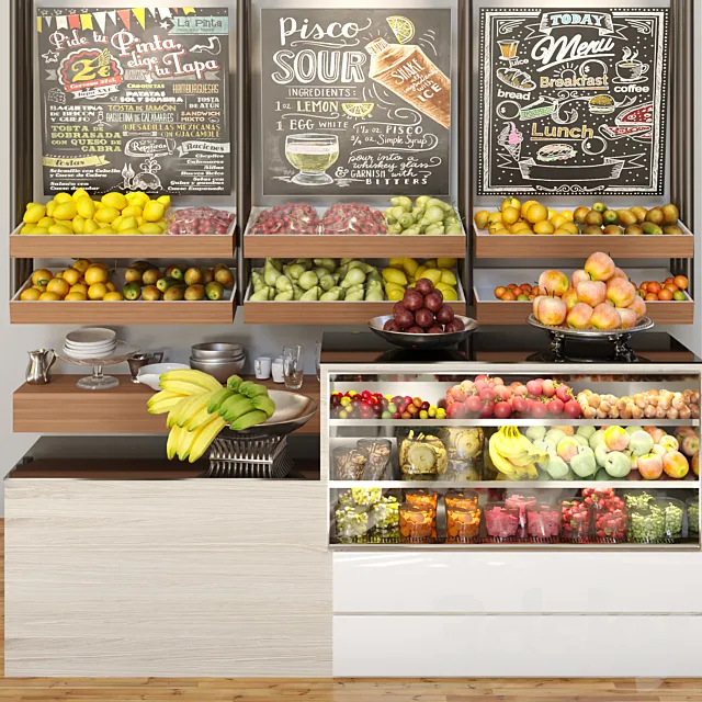 A small showcase in a supermarket with a large selection of fruits and vegetables. Food 3DS Max Model