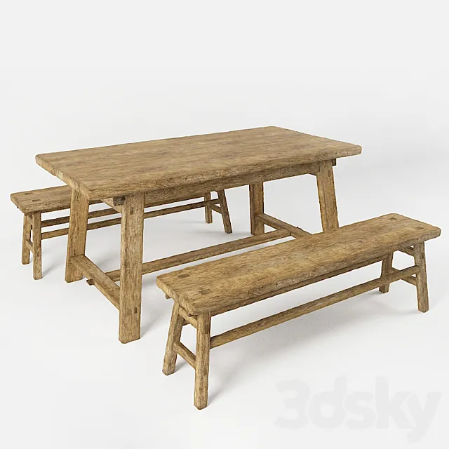 A table and a bench in the style of country. Table and bench in rustic style 3ds Max