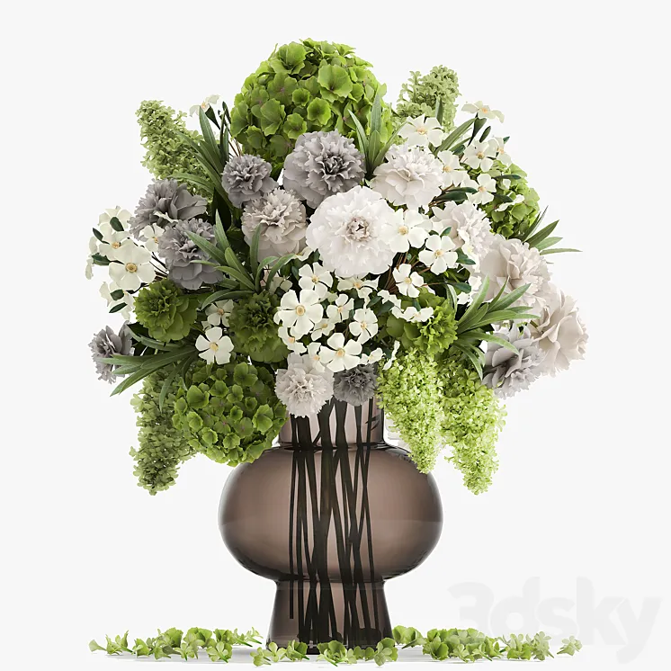 A wonderful bouquet of green spring flowers in a glass vase with hydrangeas lilacs peonies. 151. 3DS Max