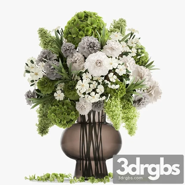 A wonderful bouquet of green spring flowers in a glass vase with hydrangeas, lilacs, peonies. 151.