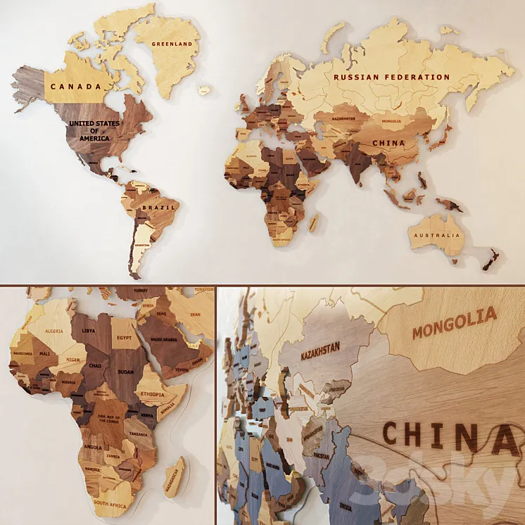 A world map made of wood. 3DS Max