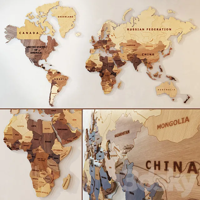A world map made of wood. 3DSMax File