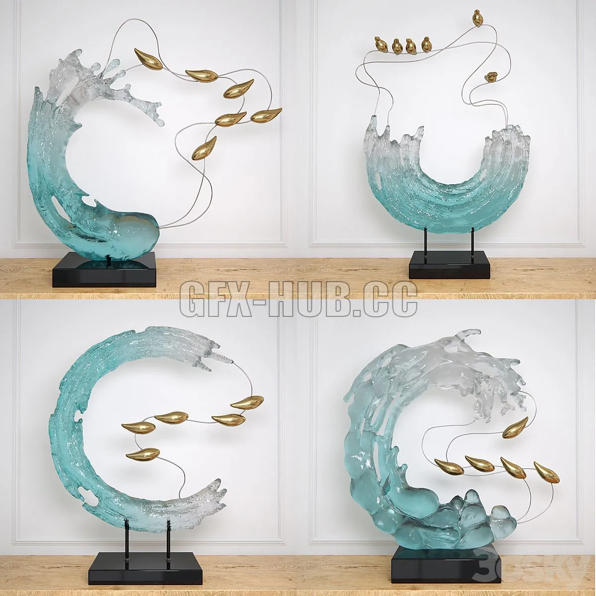 Abstract RESIN sculpture with birds glass material 3dsMax Model
