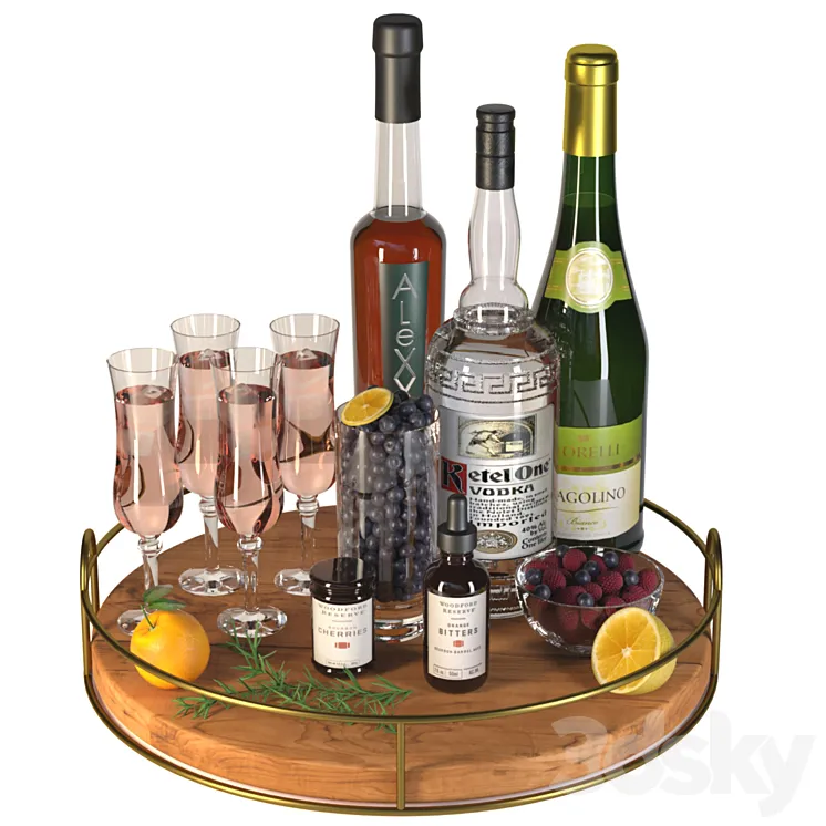 Alcoholic set with fruits. Sparkling wine 3DS Max