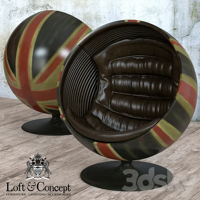 Armchair Ball Pod Chair Union Jack & Brown Leather 3DS Max Model