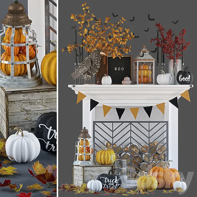 Artificial fireplace with autumn decor 3ds Max