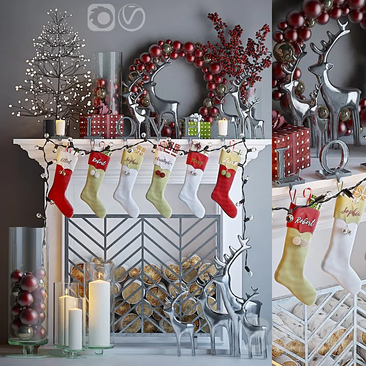 Artificial fireplace with Christmas decoration 4 3DS Max