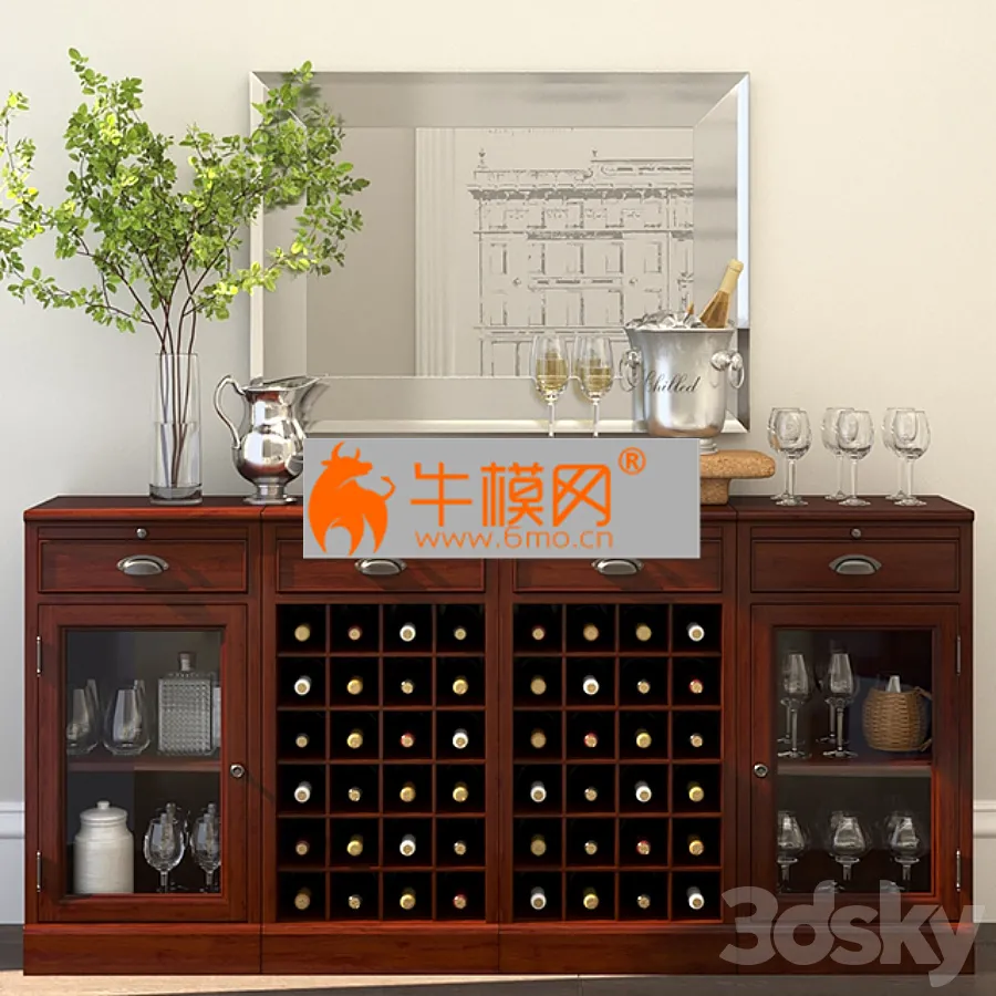 MODULAR BAR BUFFET WITH 2 WINE GRID BASES + 2 GLASS DOOR CABINETS + Decor set – 4816