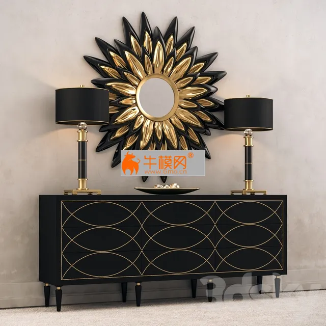 Black Console w lamps and a mirror – 5272