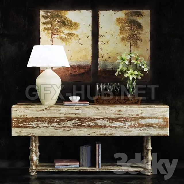Wooden console with lamp and paintings – 5365