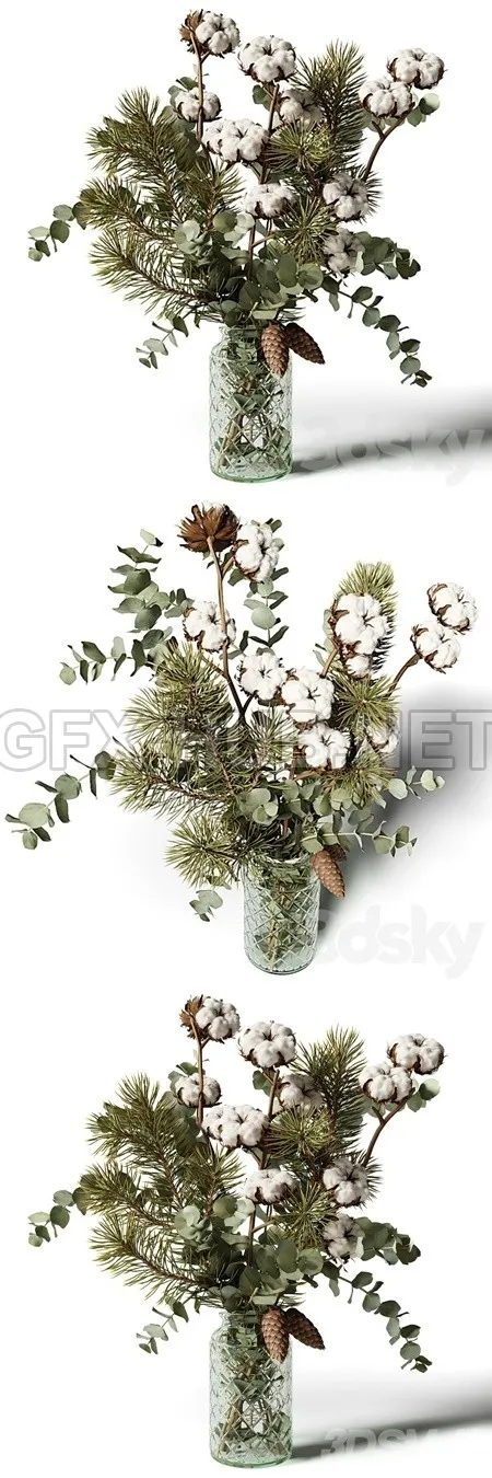 Bouquet of eucalyptus, pine and cotton in a glass vase – 6618